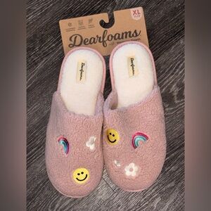 Dearfoams Pink Slippers with Fun Embroidery